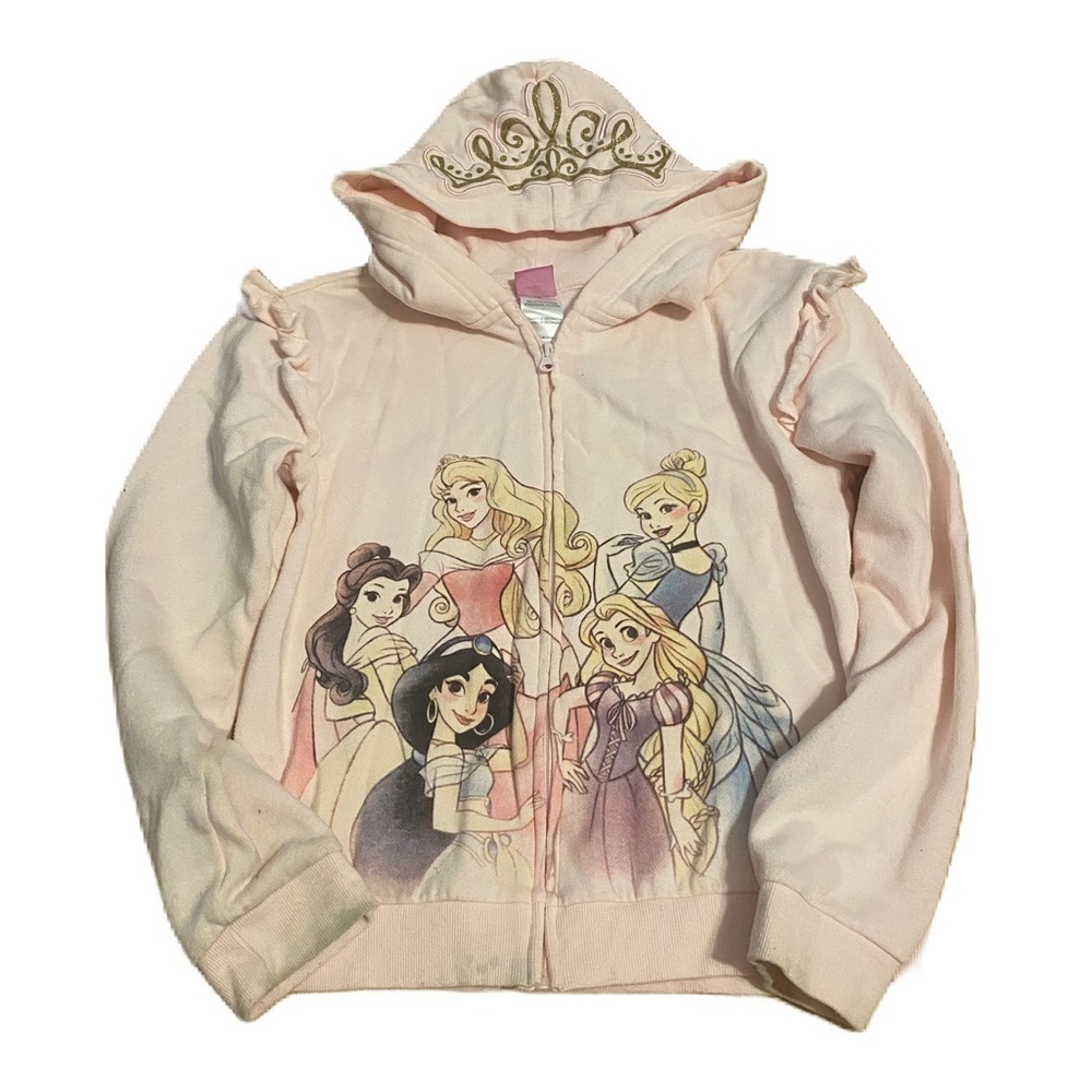 Disney Princess Full Zip Sweatshirt 12/14 Pink Hooded Belle Aurora Jasmine